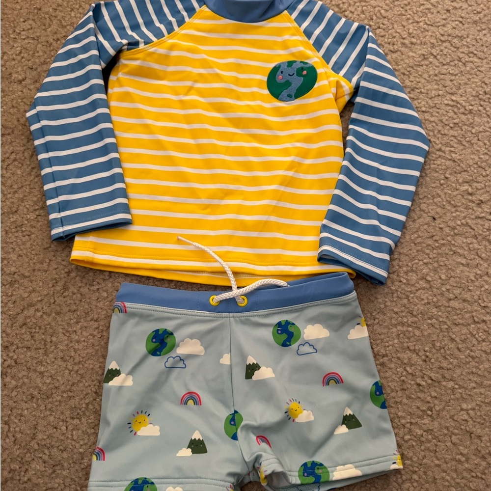 Baby Boden Blue and Yellow Striped Rashguard Set